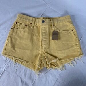 Levis 501 Original Shorts Womens 29 Yellow Denim High Rise Button Fly Raw Hem
